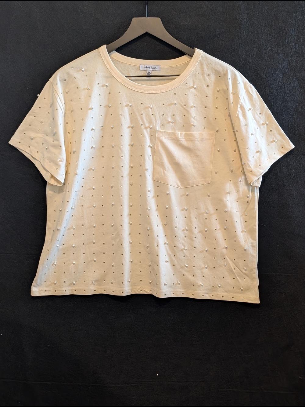 White Birch Medium Pearl Rhinestone Embellished Cotton Cropped Pocket Fancy Tee